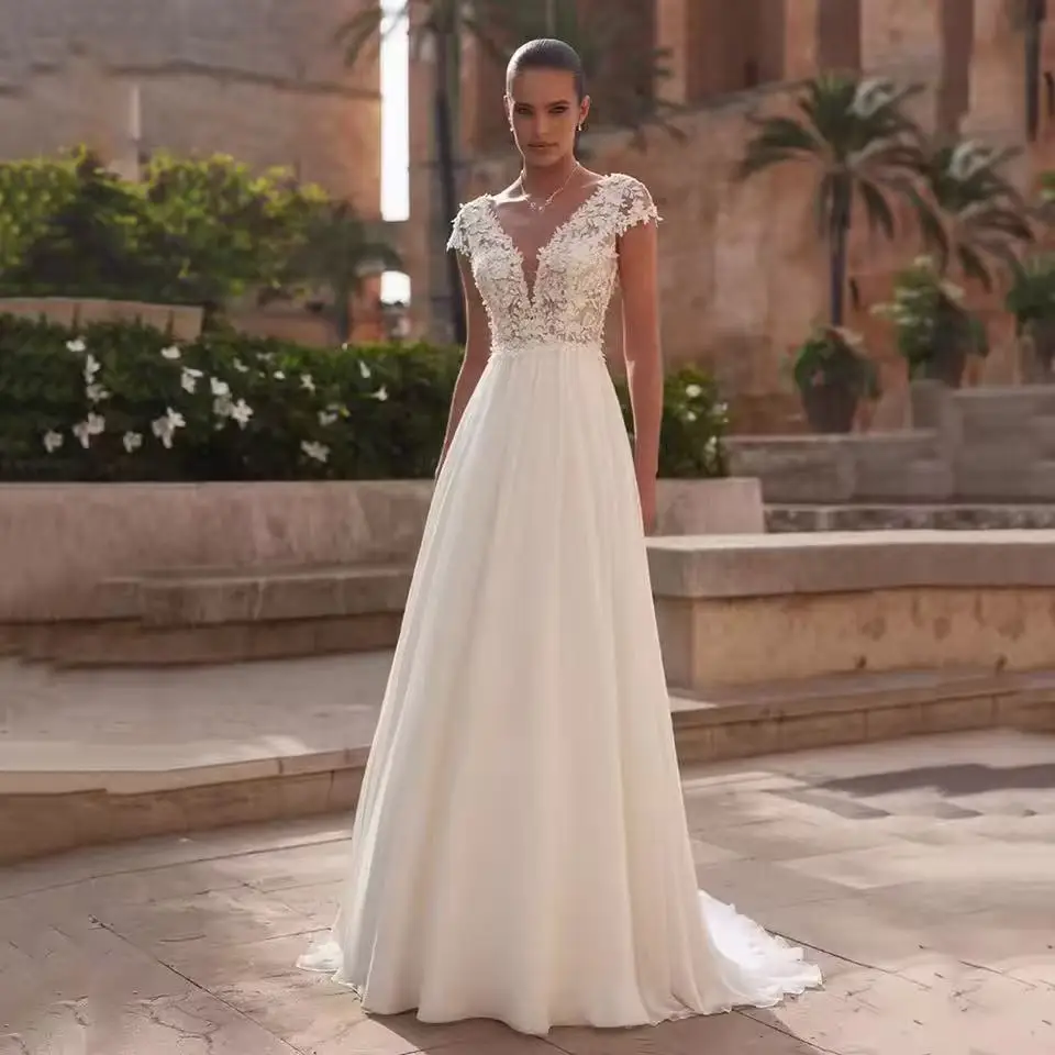 

2026 A-Line Lace Wedding Dress Brides Boho Women Cap Sleeve V-Neck Open Back Luxury Lace Elegant Bridal Gown Customized