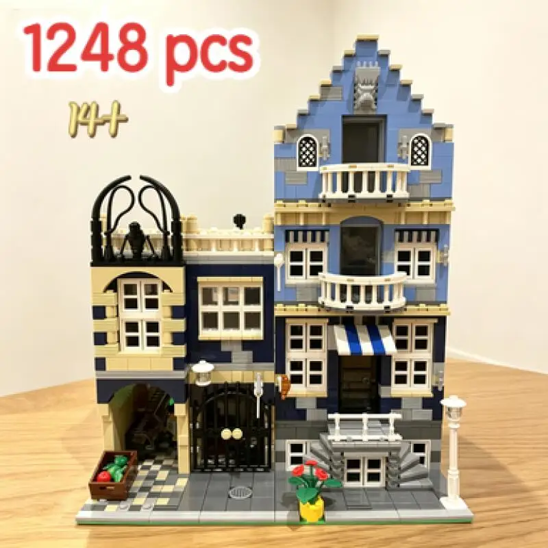 2026 new 1248pcs City Street View Construction Set Market Street  Modular Assemble Model For Holiday Party Birthday Gifts