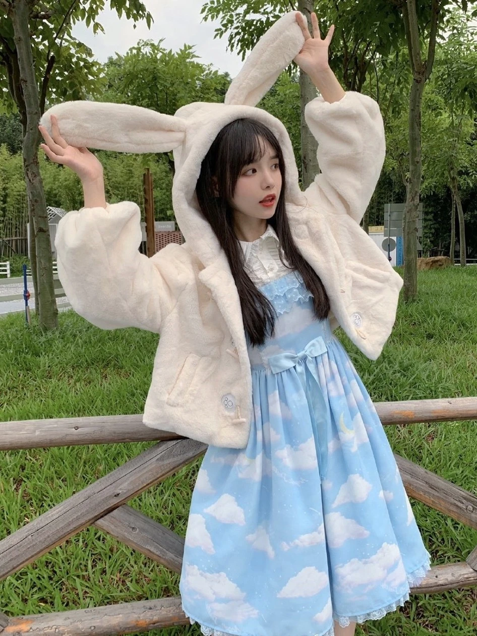 Japanese Style Sweet Lolita Long Faux Fur Autumn Winter Women's Warm Thickened Loose Slim Cute Rabbit Ears Hooded Fur Coats