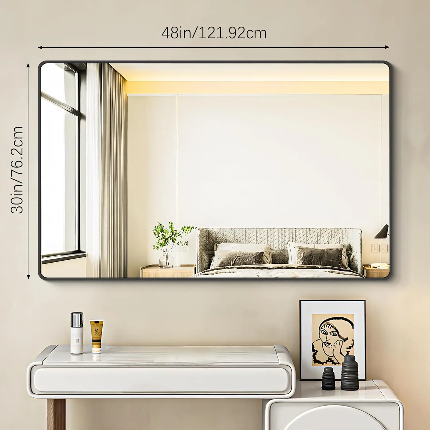 30x48 inch Bathroom Mirror,Black Rectangle Mirror,Wall Mounted Bathroom Frame Vanity Mirror with Round Corner for Bedroom Living