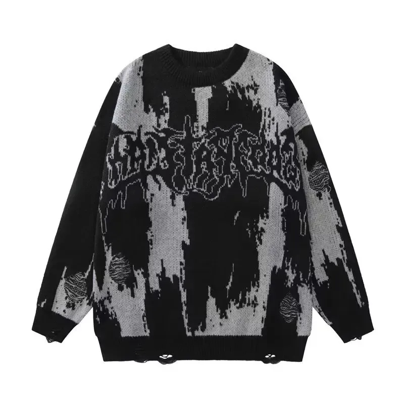 Y2K Hip Hop Ripped Sweaters for Men and Women, Grunge Vintage Knitted Jumpers, Punk Gothic Streetwear, Harajuku Fashion Pullover