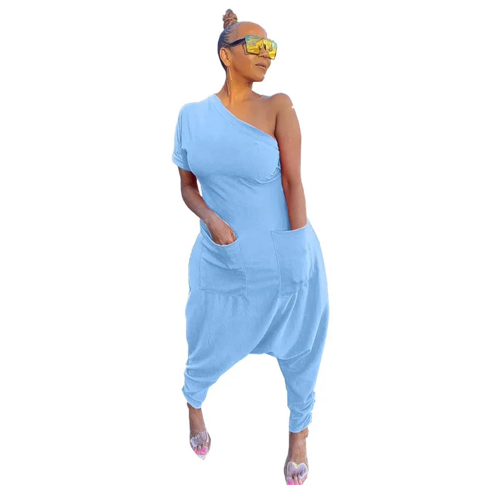 Prowow Casual Loose Style Women Jumpsuits One Shoulder Solid Color Female Romper Clothing 2024 New Design Outfits with Pockets