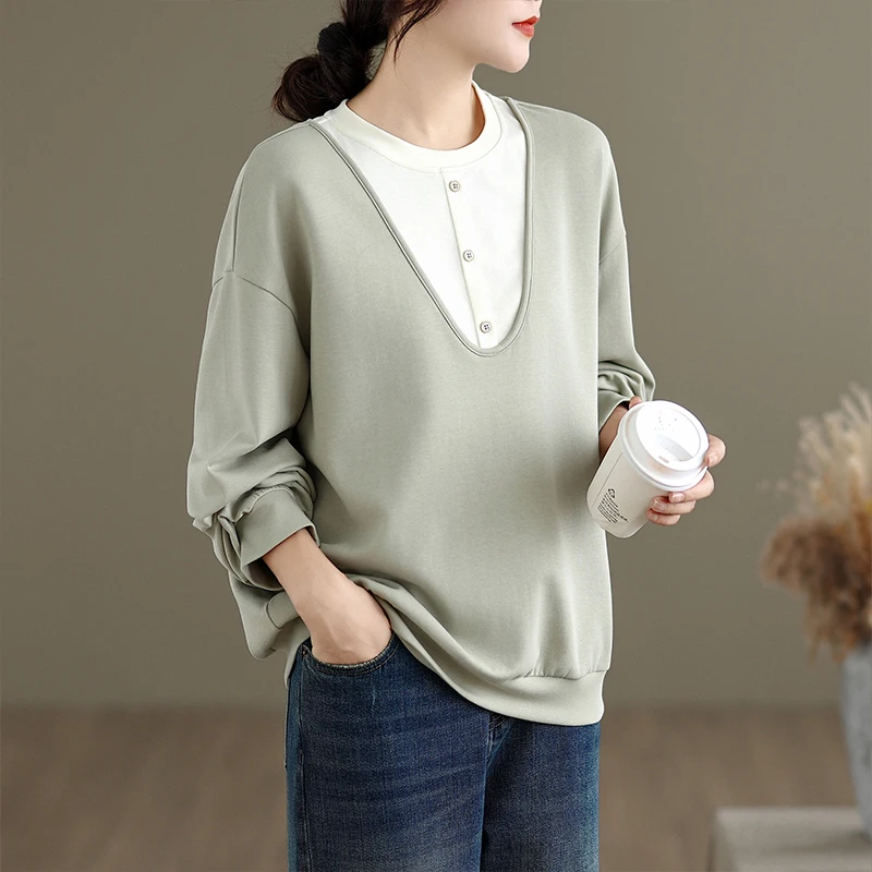 

Элегантная женская толстовка премиум-класса больших размеров, новая коллекция весна-осень, с цветовыми блоками, имитация двухслойности, с длинным рукавом, круглый вырез...