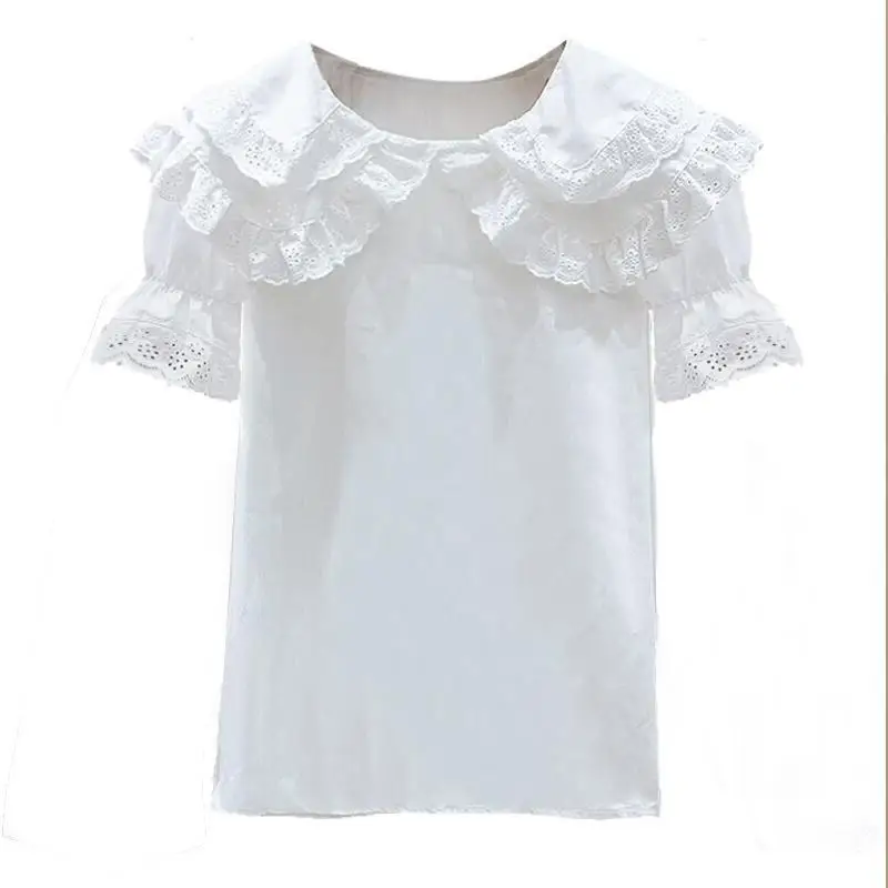 White Lace Patchwork Blouse Summer New Short Sleeve Solid Color Loose All-match Sweet Shirt Tops Fashion Korean Women Clothing