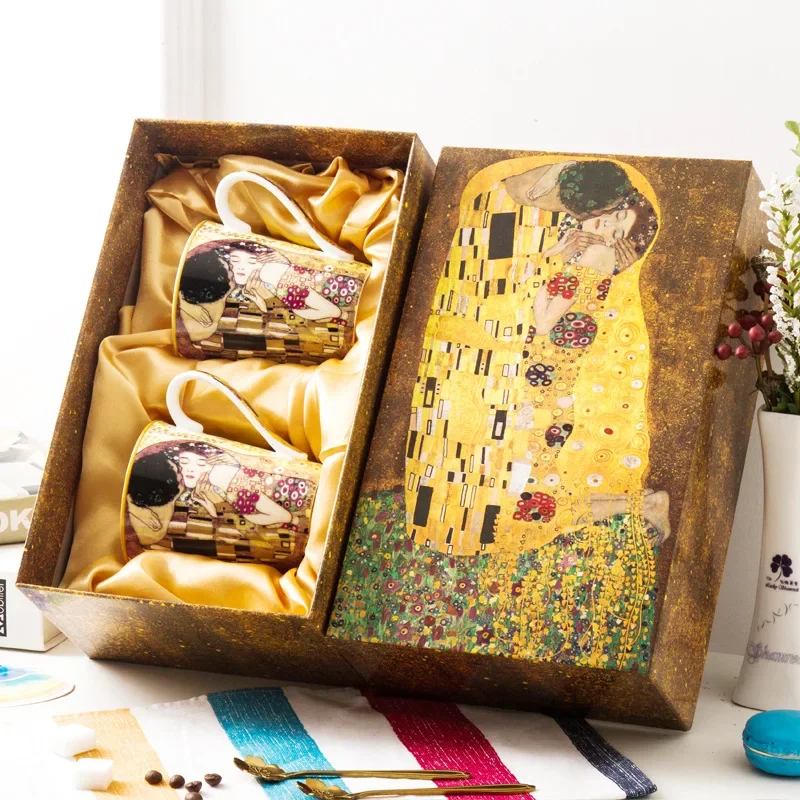 

Luxury Gustav Klimt Coffee Cup Bone China Water Mug Porcelain Tea Cup Breakfast Milk Cup With Gift Box For Couple friends Gifts