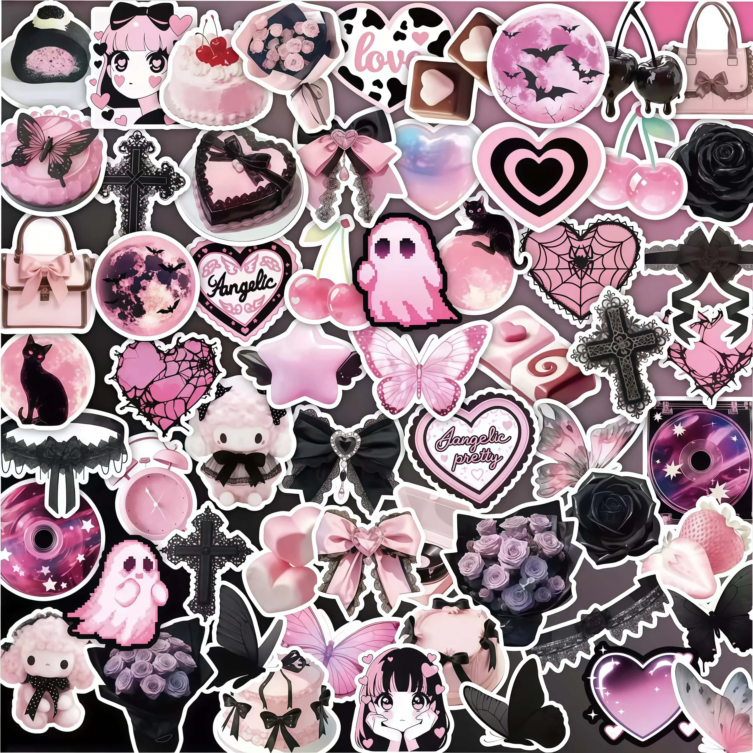 62Pcs Pink Black Gothic Y2K Sticker Pack, Sweet Dark Heart Ghost Butterfly Cake Cartoon Decals for Laptop Water Bottle Journal
