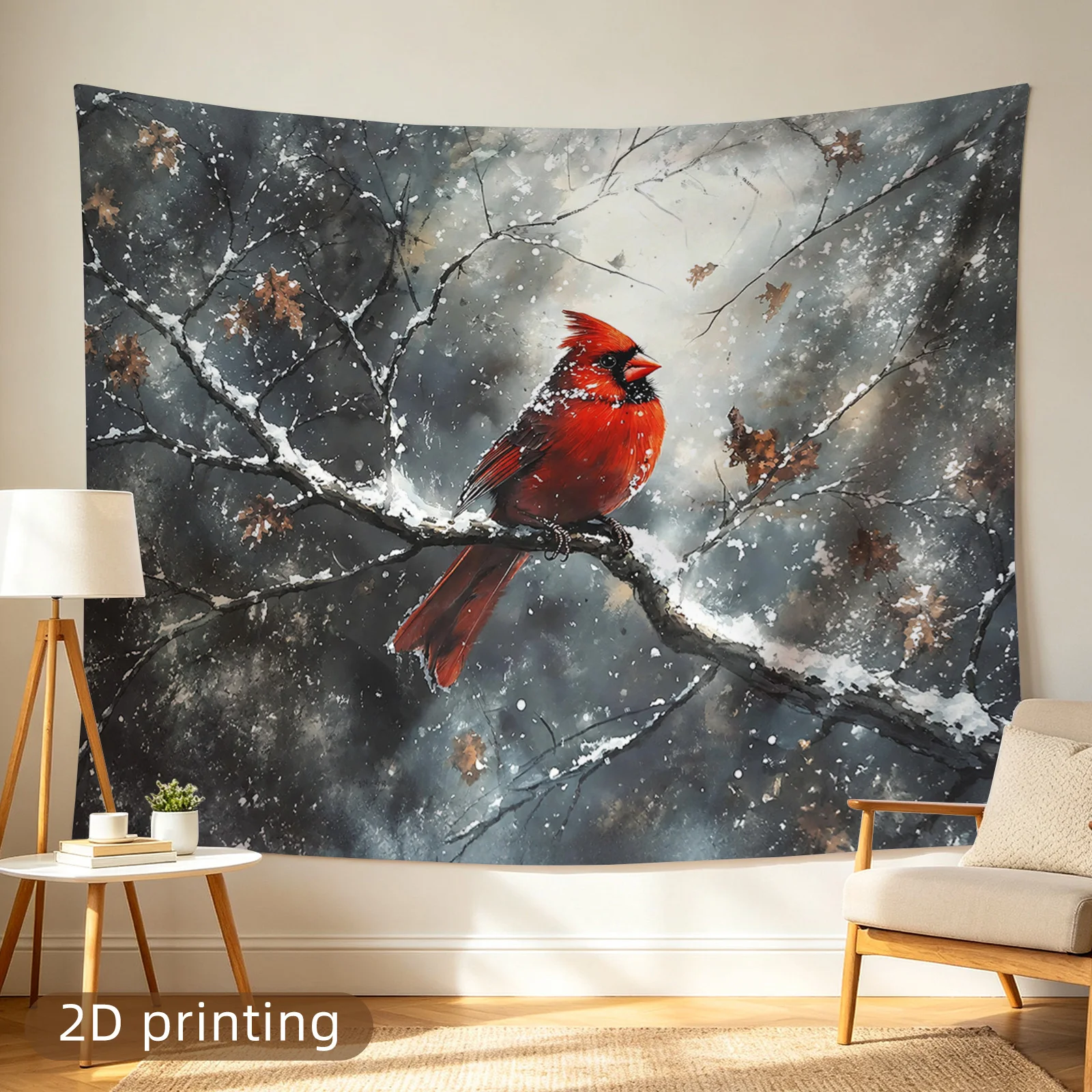 1pc Tapestry, 2D Flat Print Red Cardinal Bird on Snowy Branch Winter Tapestry, Winter Holiday Decor for Bedroom Living Room