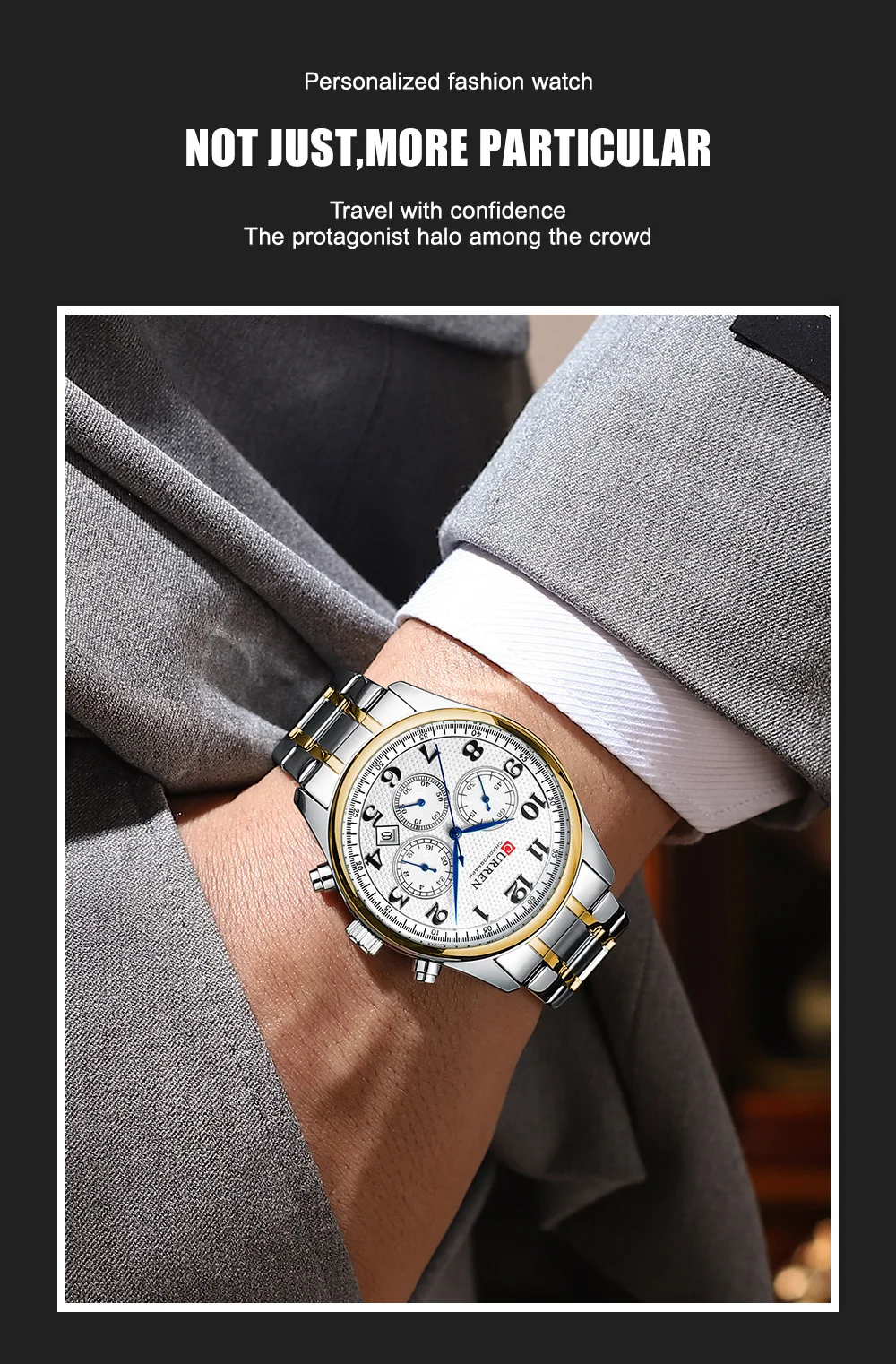 CURREN Modische Sport-Chronograph-Herrenuhr mit Edelstahlarmband, Automatisches Datum, Lässige Quarz-Armbanduhr, Relogio Masculino – Detail 9
