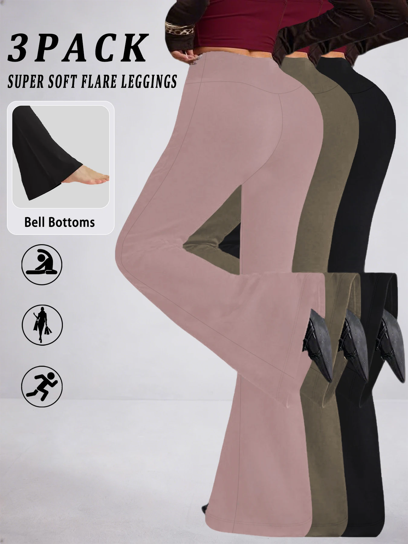 

3 pack Women's Super Soft Flare Pants High Waisted Tummy Control Workout Yoga Leggings Bell Bottoms