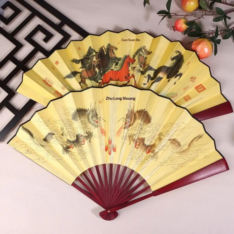 Éventail pliant chinois rétro de 33 cm, éventail à main en soie avec manche en bambou, éventail de danse classique pour les fêtes et la fraîcheur estivale
