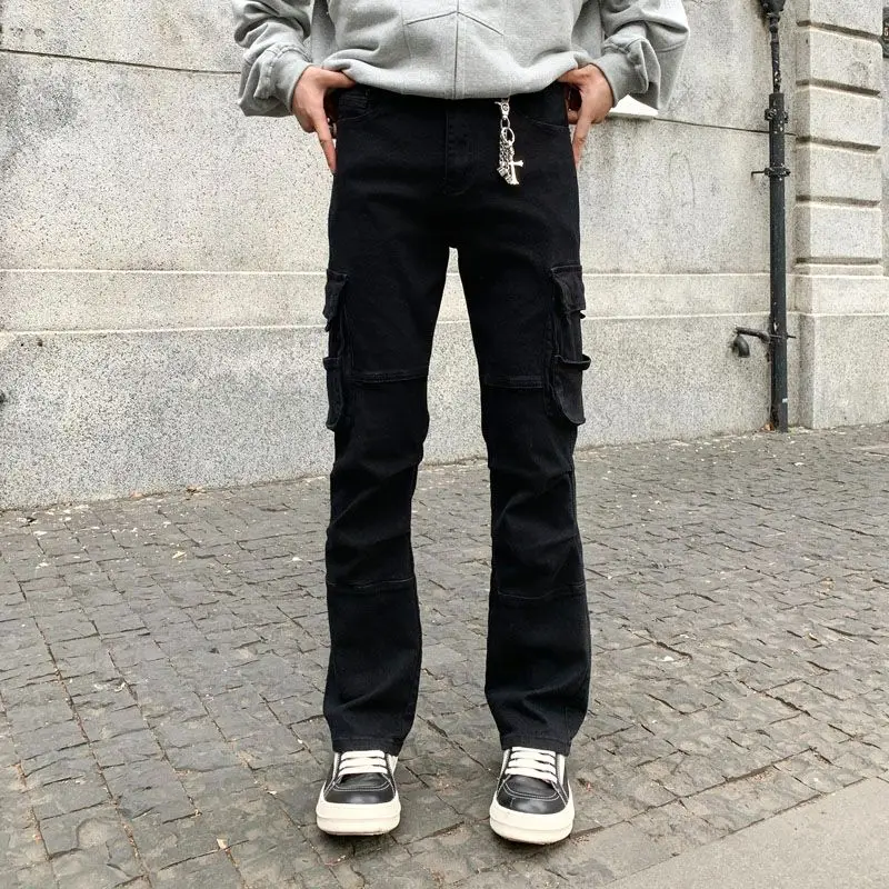 

Streetwear Black Stretchy Cargo Jeans Slim Fit Straight Leg Denim Pants Male's Mult-bags Clothes