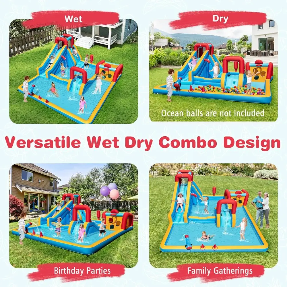 Iatable Water Slide, Giant Water Park Long Slide/Climbing Wall/Boxing/Target Game/Ring Toss/Water Cannon, Splash Pool,