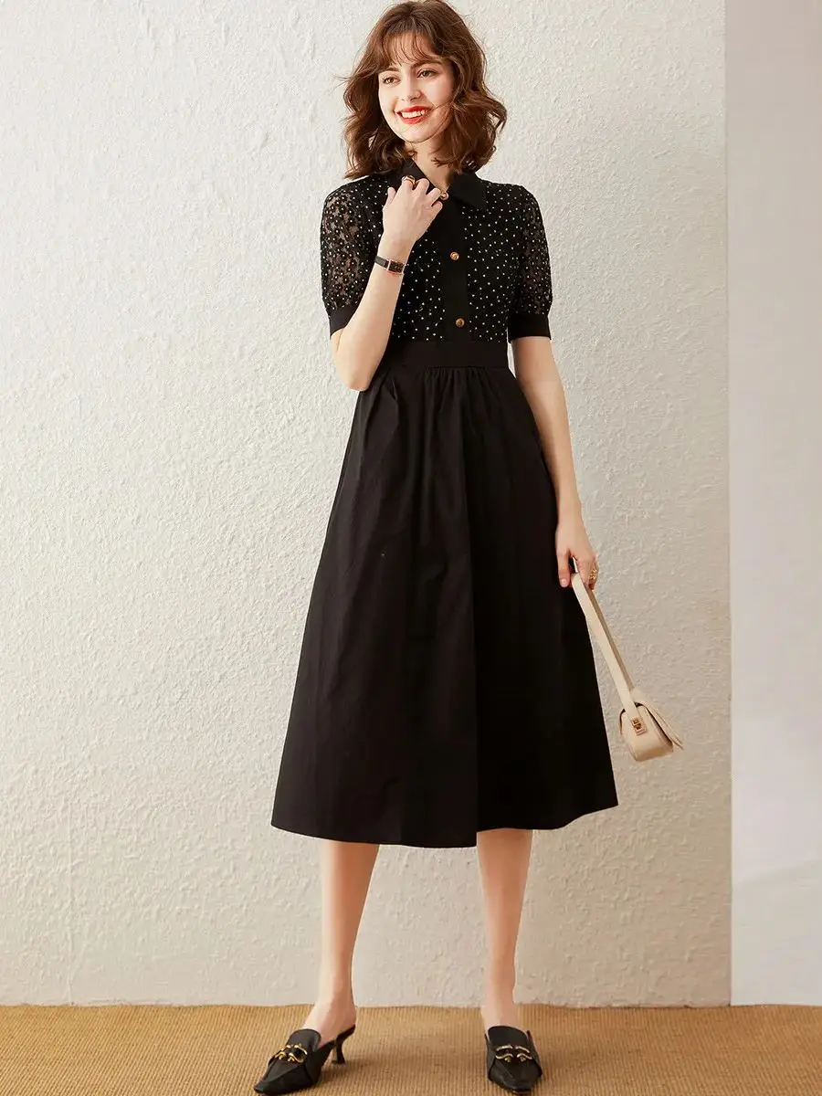 LOUIS YAO Women Dress 2024 Summer Short Sleeve Polo Neck Long Dress Casual Elegant Fashionable Lace Puff Sleeve A-line Dress