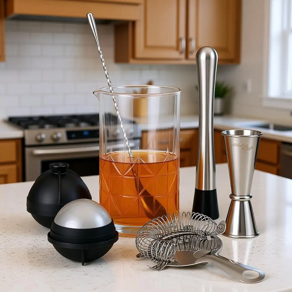 

8-Piece Bartender Kit with Mixing Glass, Jigger, Spoon, Muddler, Strainer - Perfect for Cocktails and Home Bars