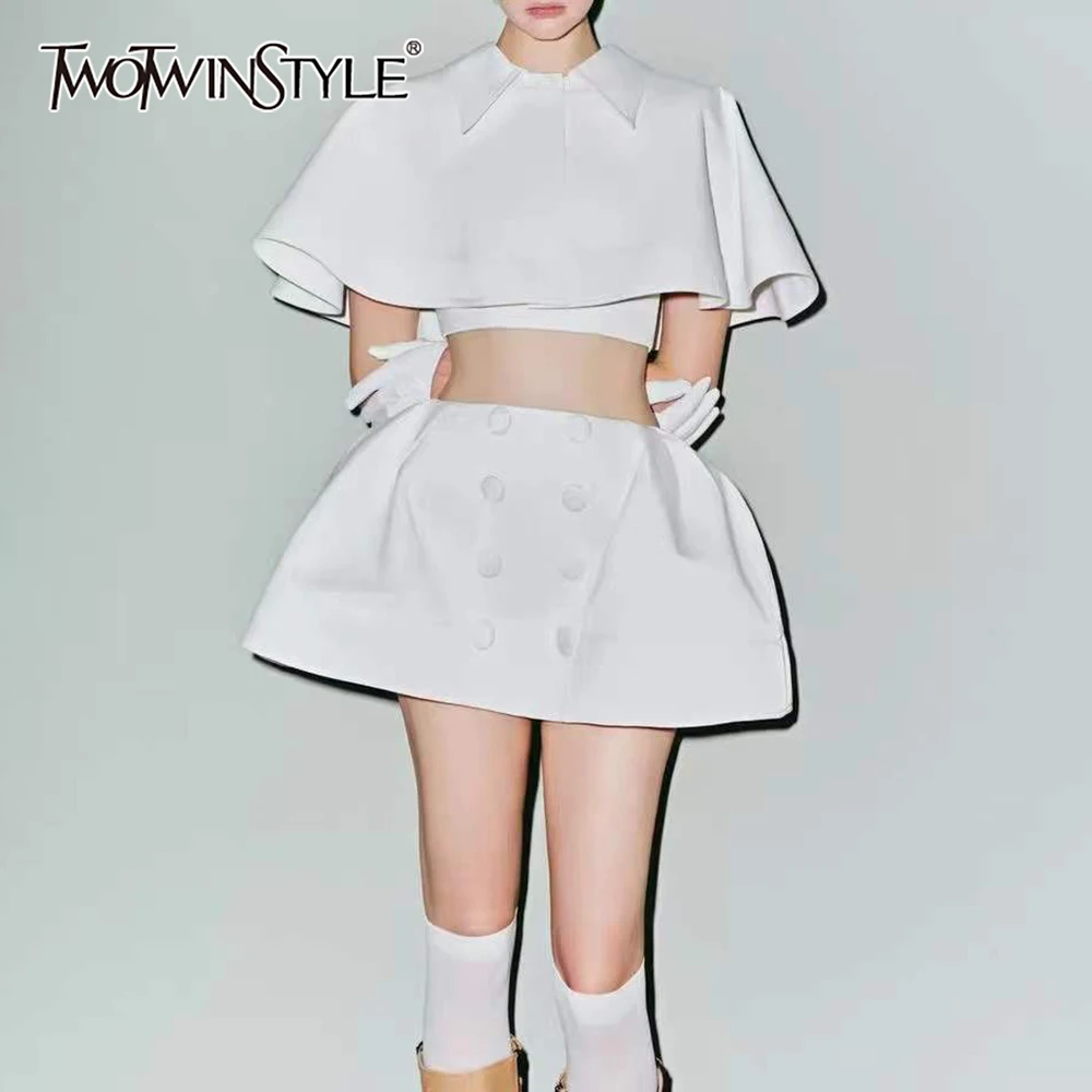 

TWOTWINSTYLE Slimming Fashion Two Piece Sets for Women Lapel Cape Sleeves Short Top High Waist Spliced Buttons Skirt Set Female