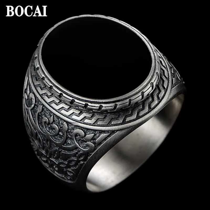 BOCAI Solide 925 Pure Silver Natural Black Agate Men Ring Trendy Retro Personality Domineering Jewelry Accessories