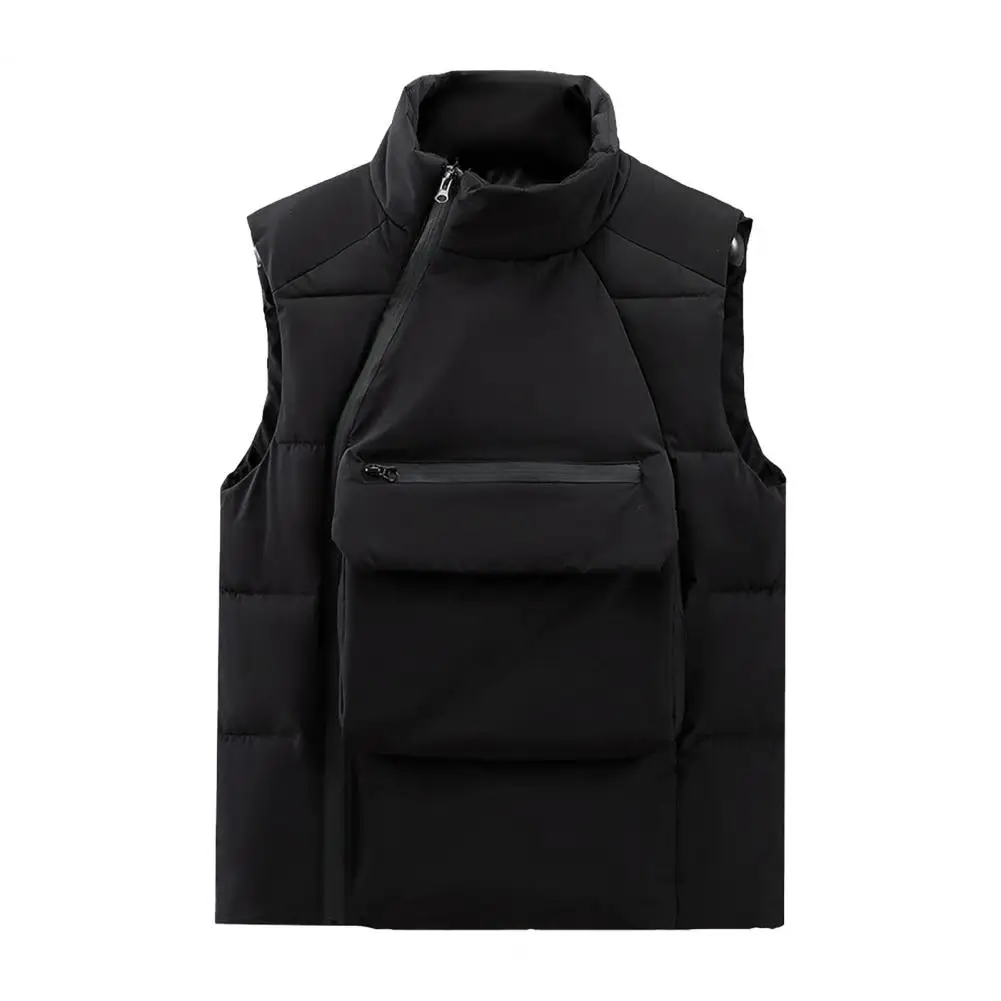 Women Casual Waistcoat Men's Stand Collar Sleeveless Down Waistcoat with Oblique Zipper Closure Front Pockets Solid for Winter