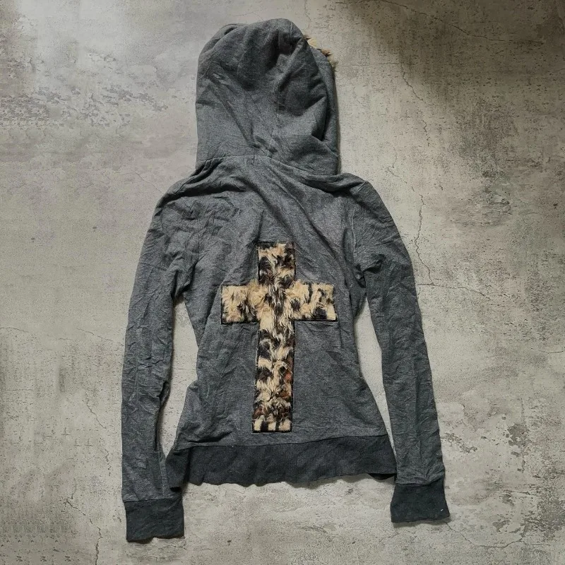 American Y2K Leopard Print Plush Slim Patchwork Zipper Hoodie Y2K Retro Gothic Hip Hop Hot Girl Loose Casual Street Hoodie