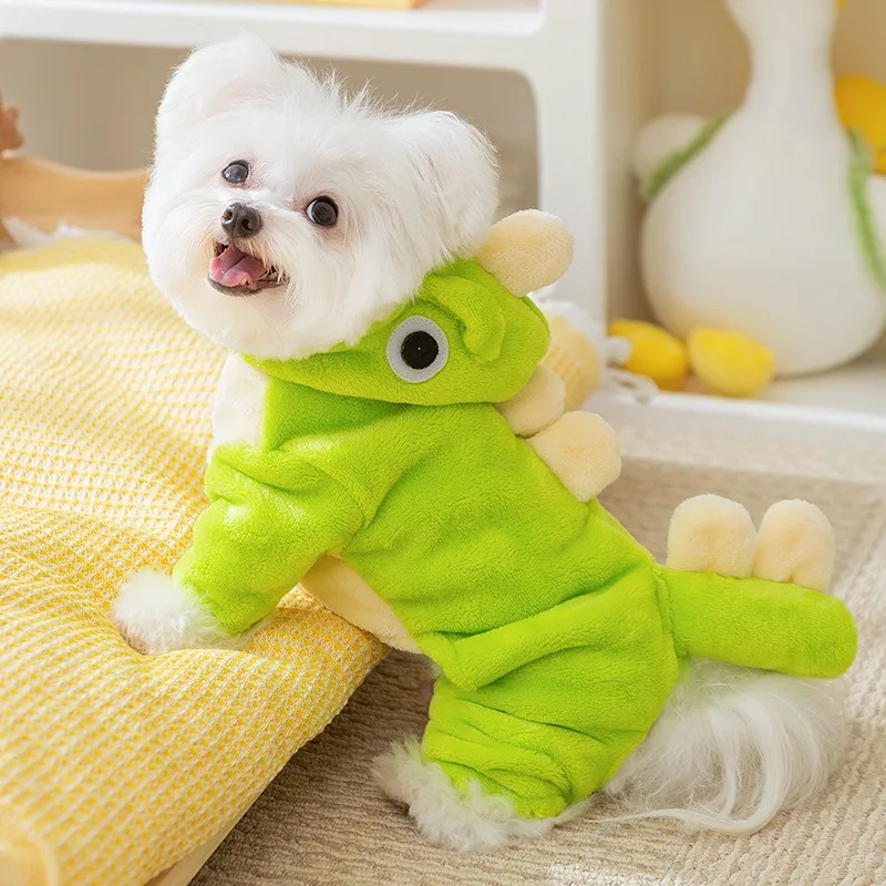 

Cute Little Dinosaur Transformation Costume Winter Dog Clothes Pet Traction Four Legged Coat Fleece Puppy Halloween Warm Clothes