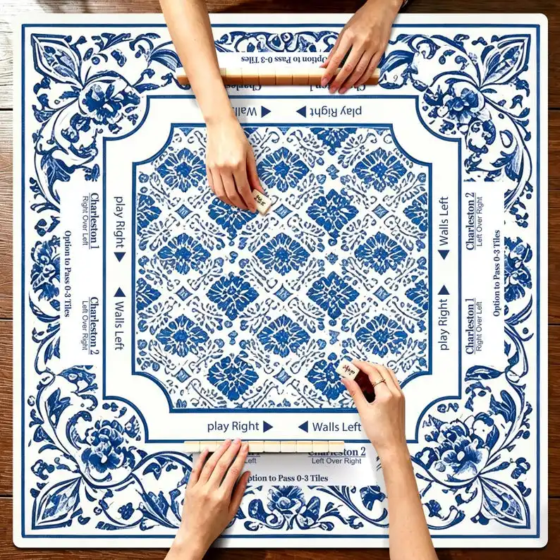 VIKAMA Blue White Porcelain Geometric Mahjong Mat Non Slip Washable Soft Pad Shock Absorb For US Mahjong Daily Play