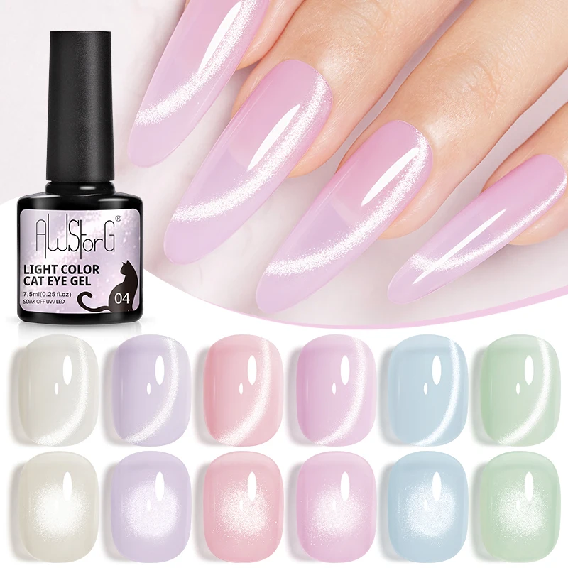 AWStorG 7.5ml Light Color Cat Eye Gel Nail Polish Pink Semi Permanent Glitter Magnetic Gel Soak Off UV LED Varnish Nail Art