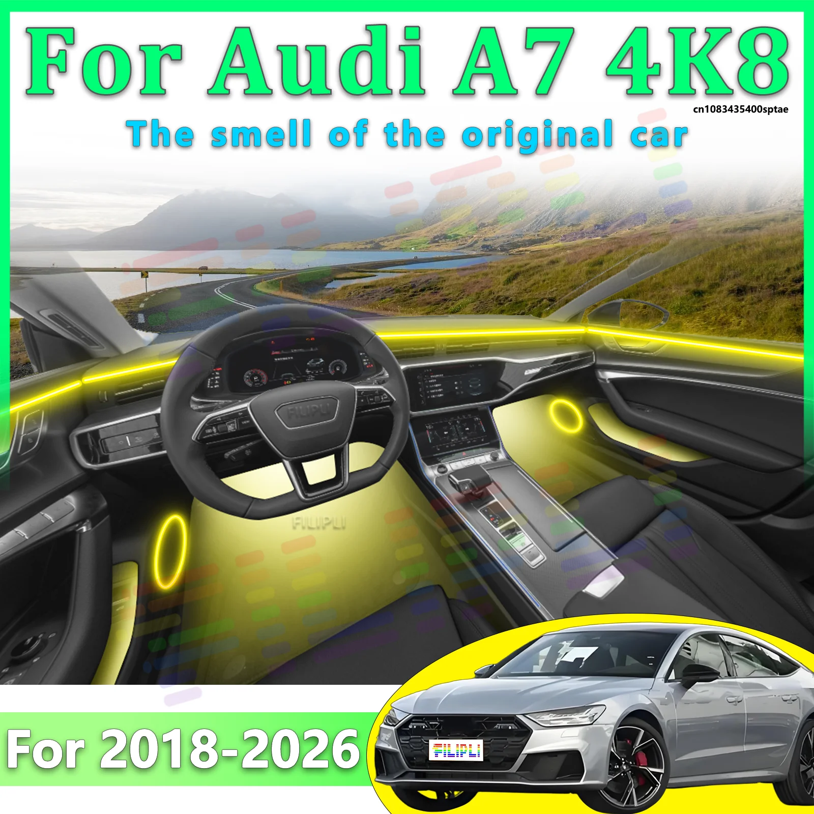 

Для Audi A7 2018-2026: Светодиодная RGB-подсветка салона, оптоволоконная неоновая невидимая атмосферная лента, декоративная подсветка с управлением через приложение