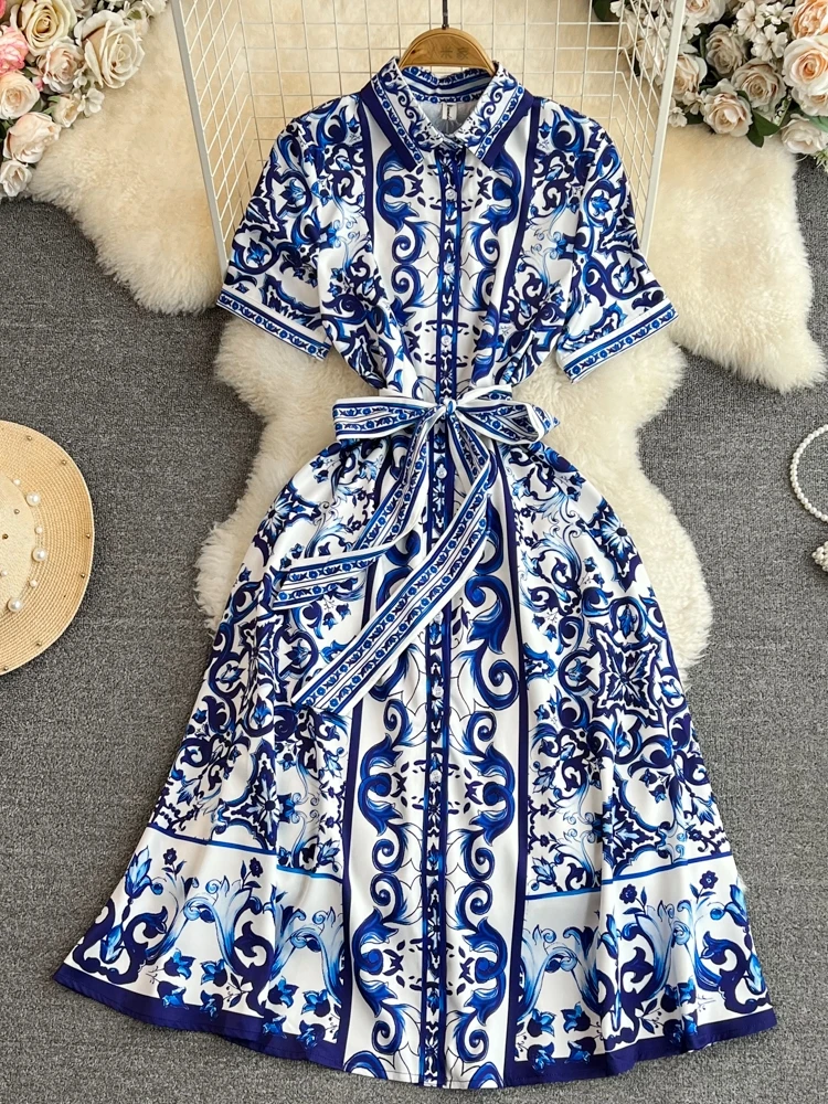 

Summer Fashion Elegant Vintage Ethnic Party Vacation Dress Women Flip Collar Single Breasted Short Sleeve Print Robe vestidos