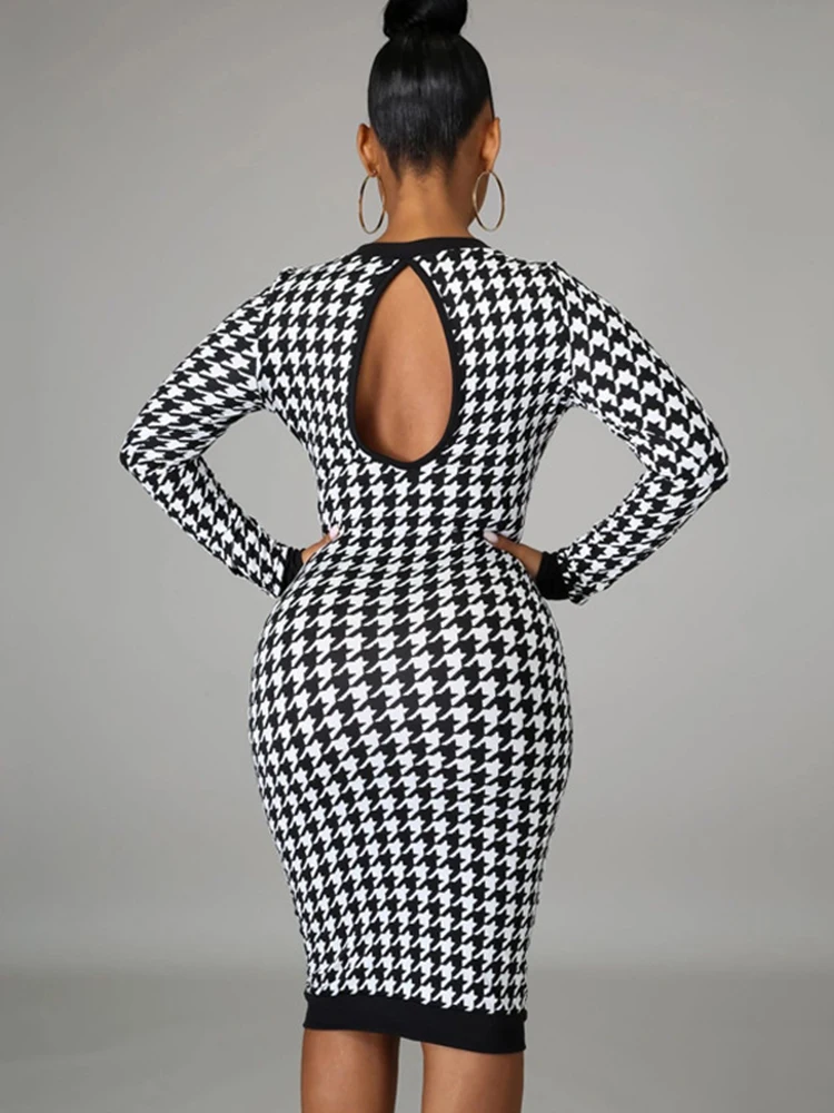 Houndstooth Print Women Long Sleeve Midi Dress Hollow Out Bodycon Sexy Streetwear 2023 Autumn Winter Club Elegant Slim