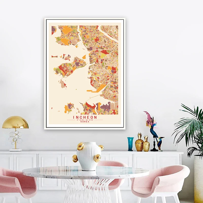 Incheon South Korea Colour World City Map Abstract Canvas Paintings Wall Art Print Poster Picture Home Decoration Living Room