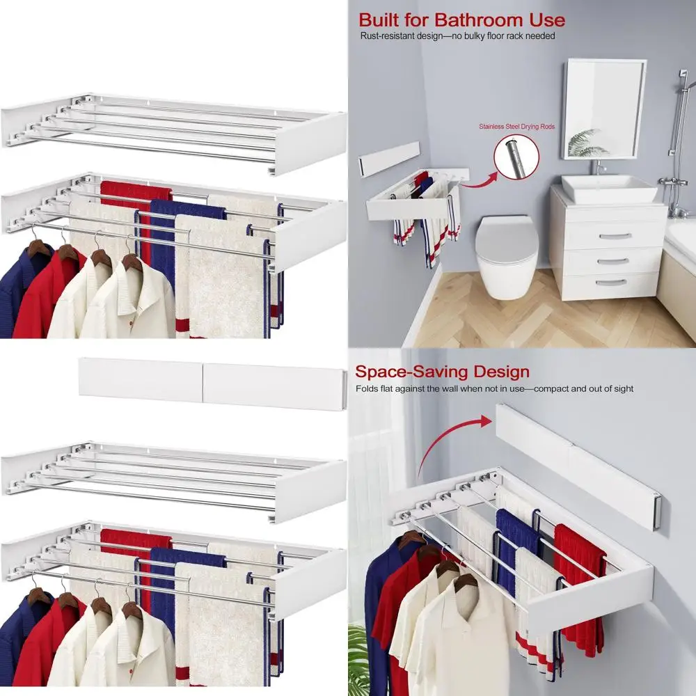 

Space-Saving Foldable Drying Rack, 31.5 Stainless Steel, Indoor/Outdoor, Includes Wall Template