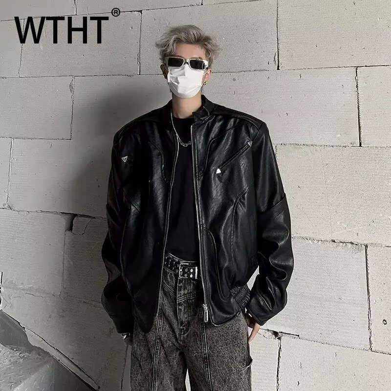 

WTHT модные мужские кожаные лоскутные пальто на молнии, уличные пальто, модные куртки с длинными рукавами в американском стиле, мужские куртки, осень 2023, 2A2014