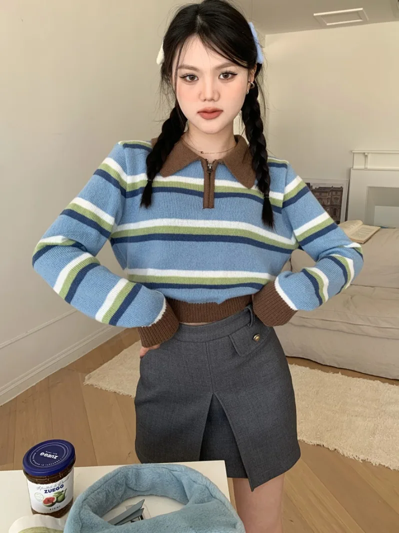 

2025 Faion, новый женский вязаный свитер с воротником в полоску, цветная блузка, осень-зима, универсальный дизайн, женский вязаный свитер высокого качества...