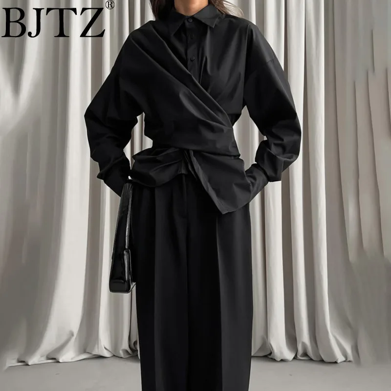 

BJTZ Designer A-line Waist Black Shirt And Blouse For Women 2025 Spring Summer Trendy Lapel Single Breasted Lace-up Female Top