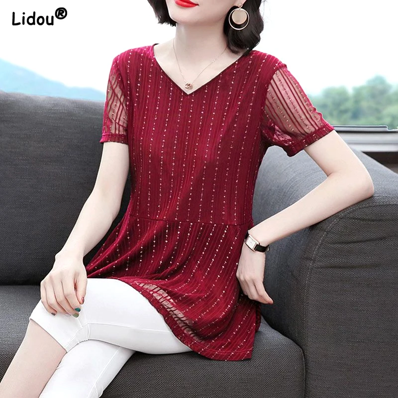 

2023 New Simplicity Women's Clothing Summer Thin V-neck Solid Color Pullovers Loose Patchwork Korean Elegant Fashion T-Shirts