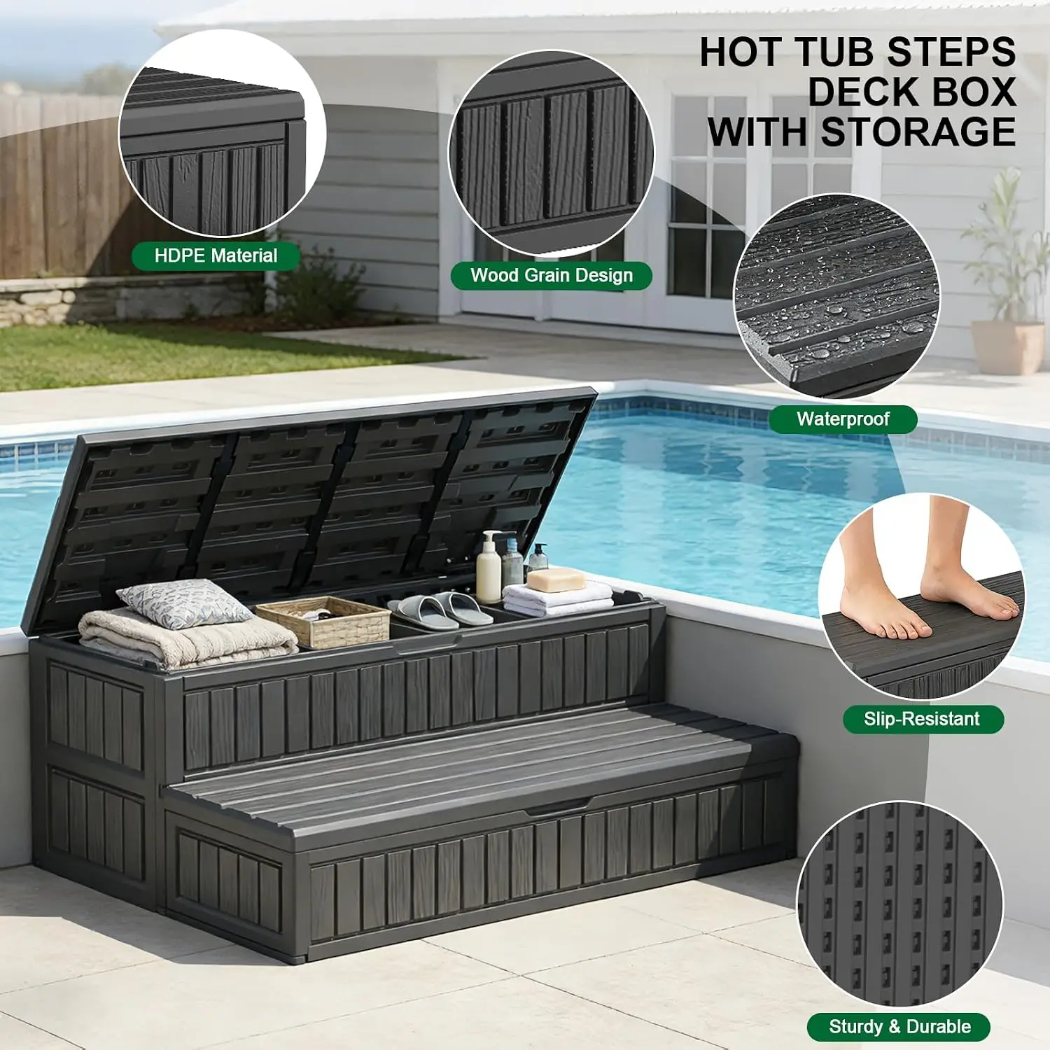 Outdoor Hot Tub Steps with Storage 32-Gallon Capacity, Large Storage Spa Steps with Anti-Slip Treads, Detachable & Fully Enclosed Design for Poolside, Patio, Indoor Use, Dark Grey
