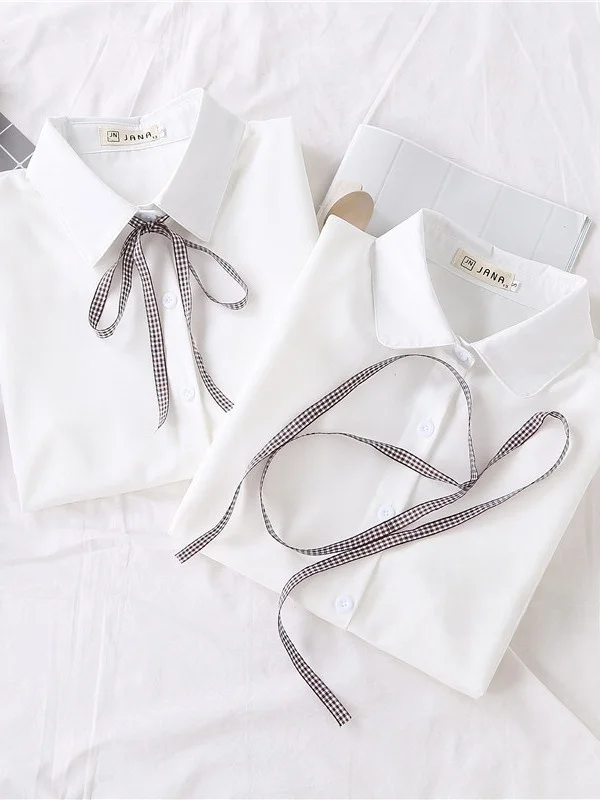 

Women's Basic White Shirt Long Sleeve round Neck Sharp Collar Spring Summer Versatile Japanese College Style under Shirt