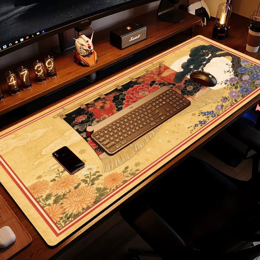 Gold Base Red Flower Pine Mouse Pad Thick Rubber Large Size For Luxury Office Use