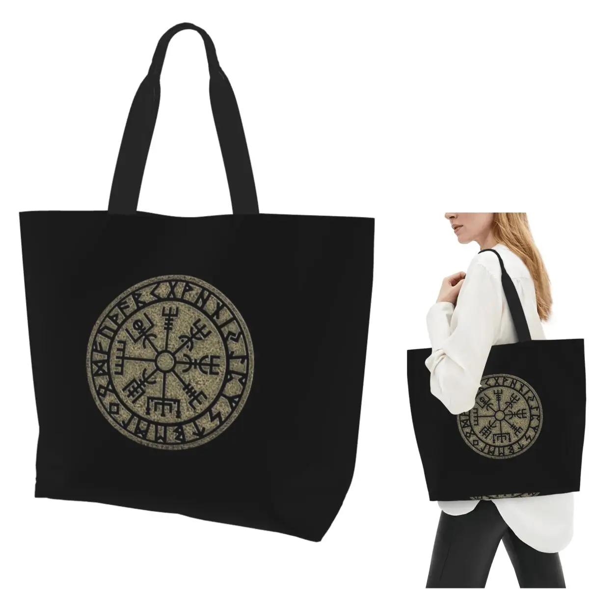 

Vegvisir, Viking Compass, Norse, Symbol Shopping Tote Bag Canvas Large Capacity Shoulder Bags Shopper Grocery Handbag for Women