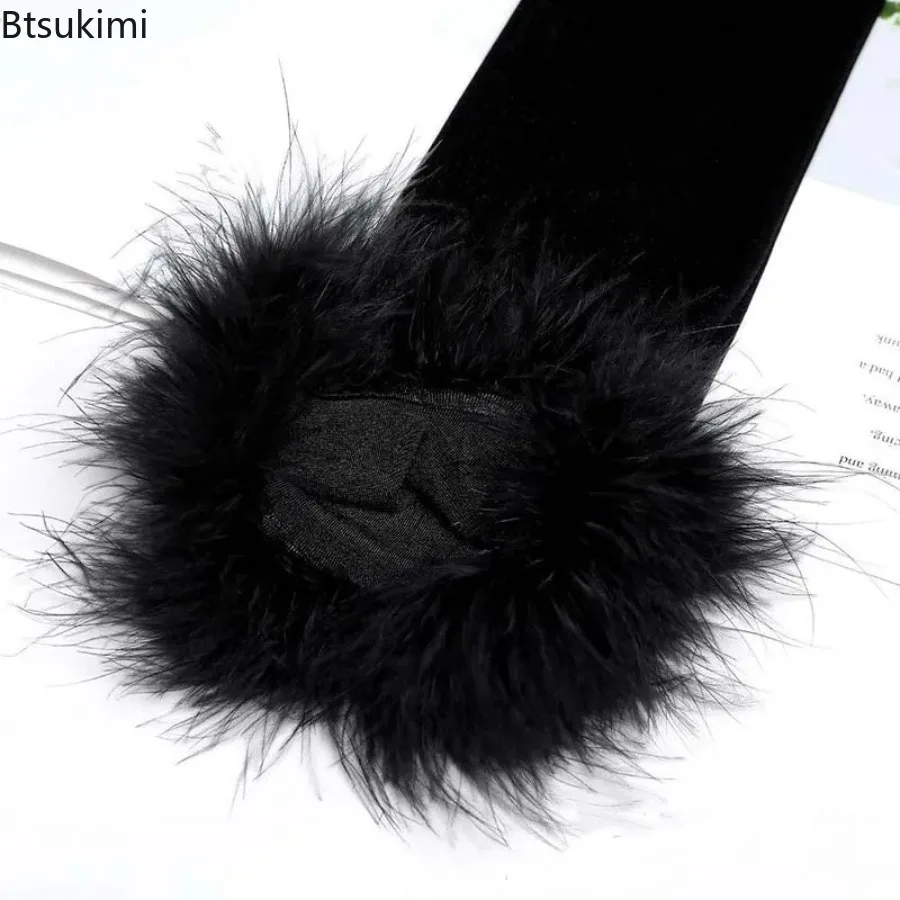 Women Feather Velvet Warm Long Gloves Elegant Etiquette Black Elasticity Retro Style Satin Glove Banquet Party Dress Accessories
