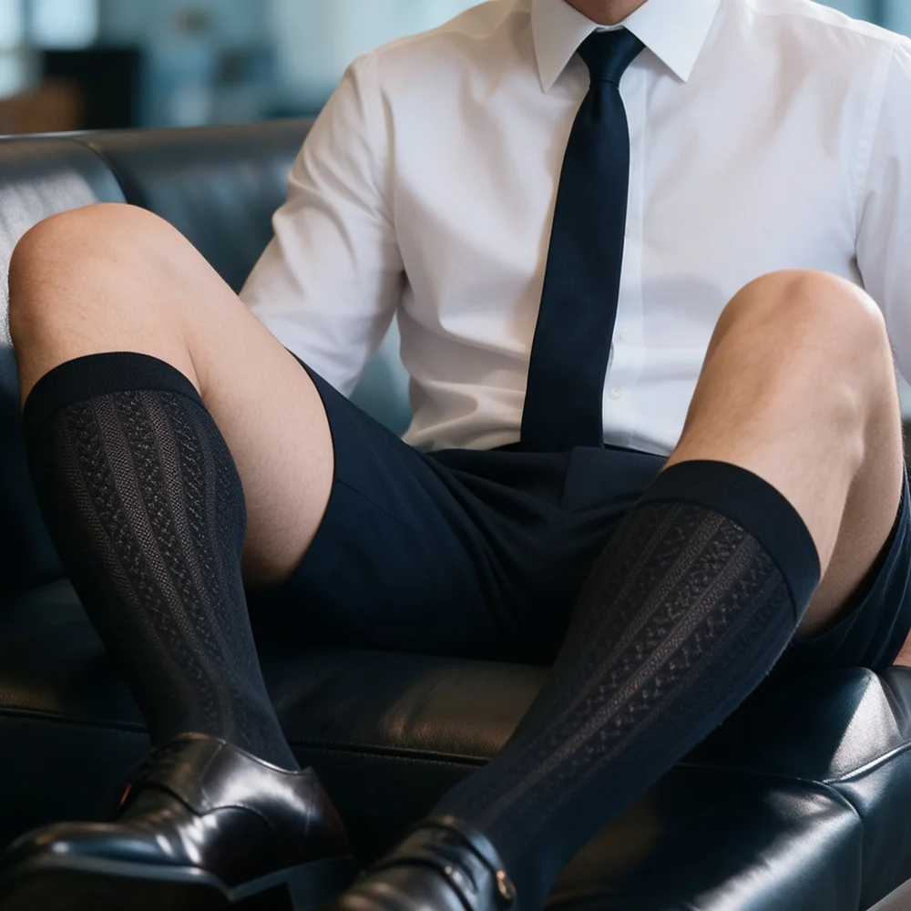Men's Black Knee High Dress Socks Sheer Cotton Mesh Breathable Business Formal Over The Calf  Summer Socks for Suit Shoes
