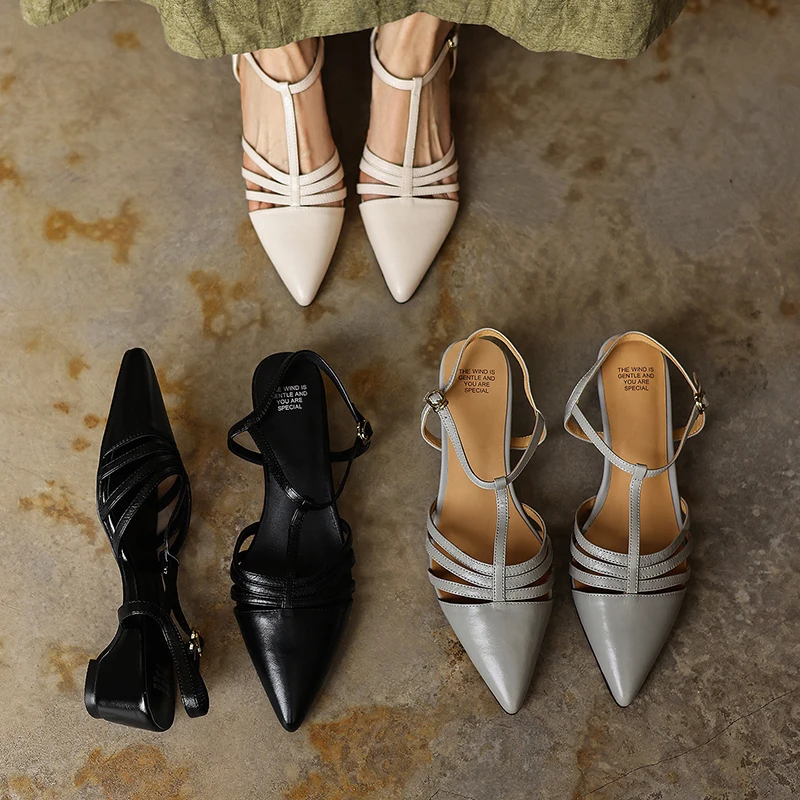 2026 summer women sandals natural leather plus size 22-25cm sheepskin+cowhide+pigskin hollow ankle-buckle high heel women shoes