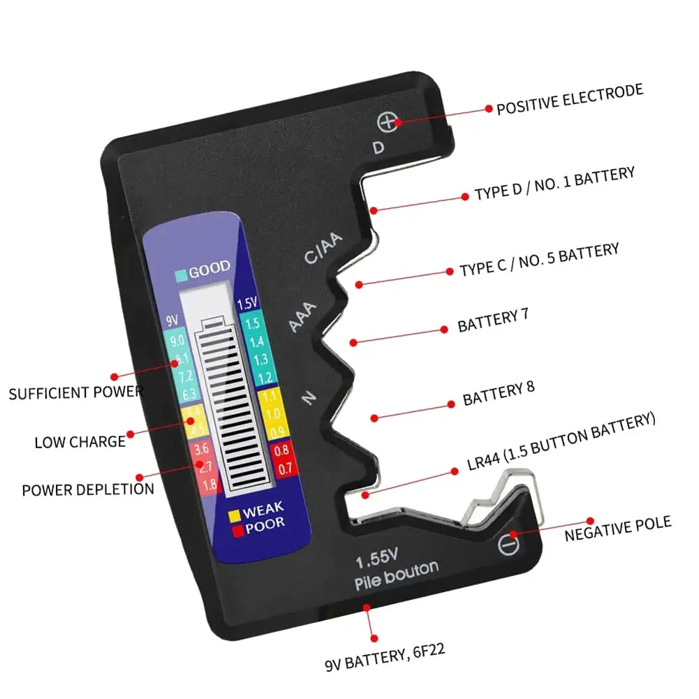 BT-886 Black Portable Battery Capacity Indicator Compact Size Lithium Battery Level Tester Digital Display Battery Voltage Meter