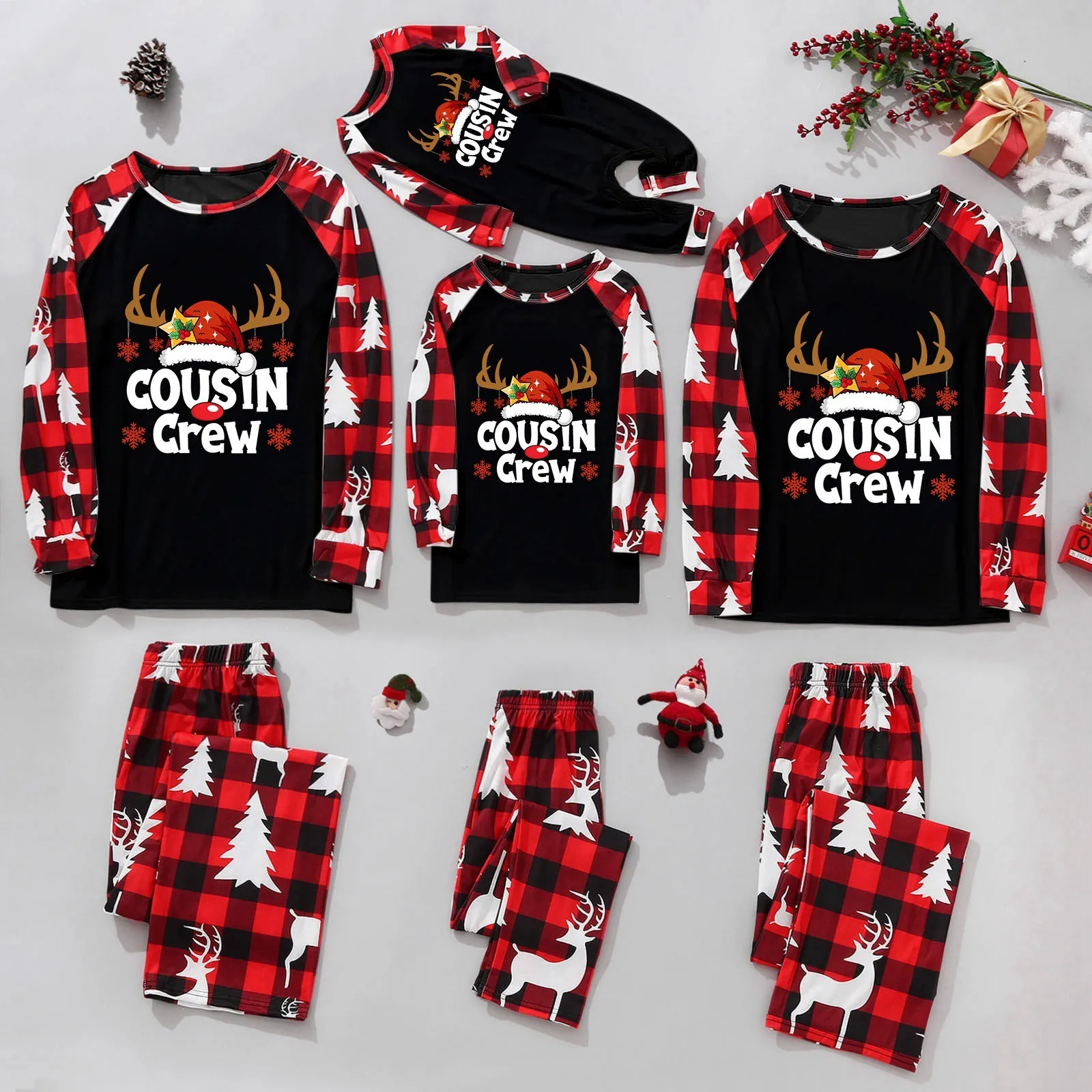 Family Matching Pajamas Loungewear Set Deer Christmas Hat Print Long-Sleeved Tops + Elastic Waist Trousers/Jumpsuit