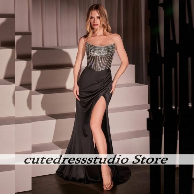 

Customized Strapless Beaded Evening Dresses For Arabic Girls Long High Split Mermaid Prom Dress Luxury Wedding Party Gowns
