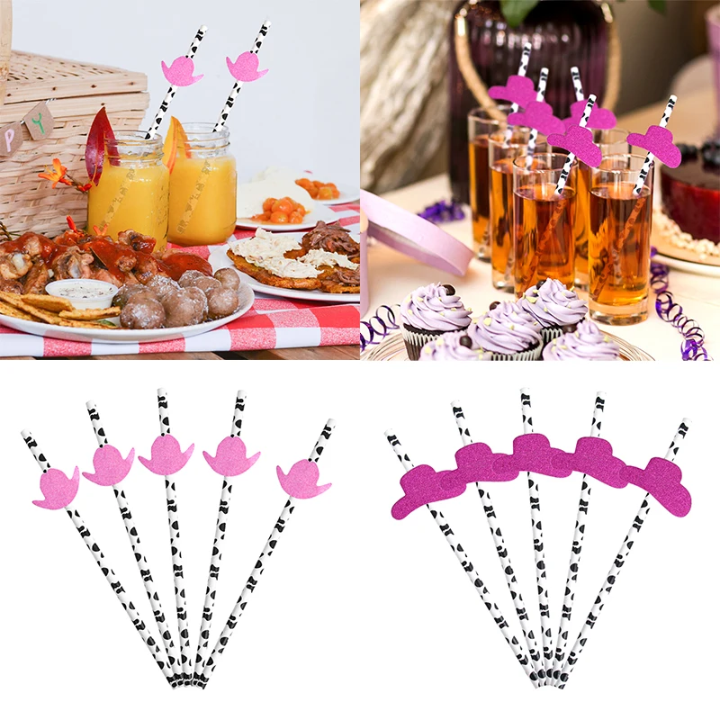 10/20pcs Pink Cowgirl CowBoy Hat Paper Drinking Straws Disco Cowgirl Decor Bachelorette Party Birthday Wedding Party Supplies