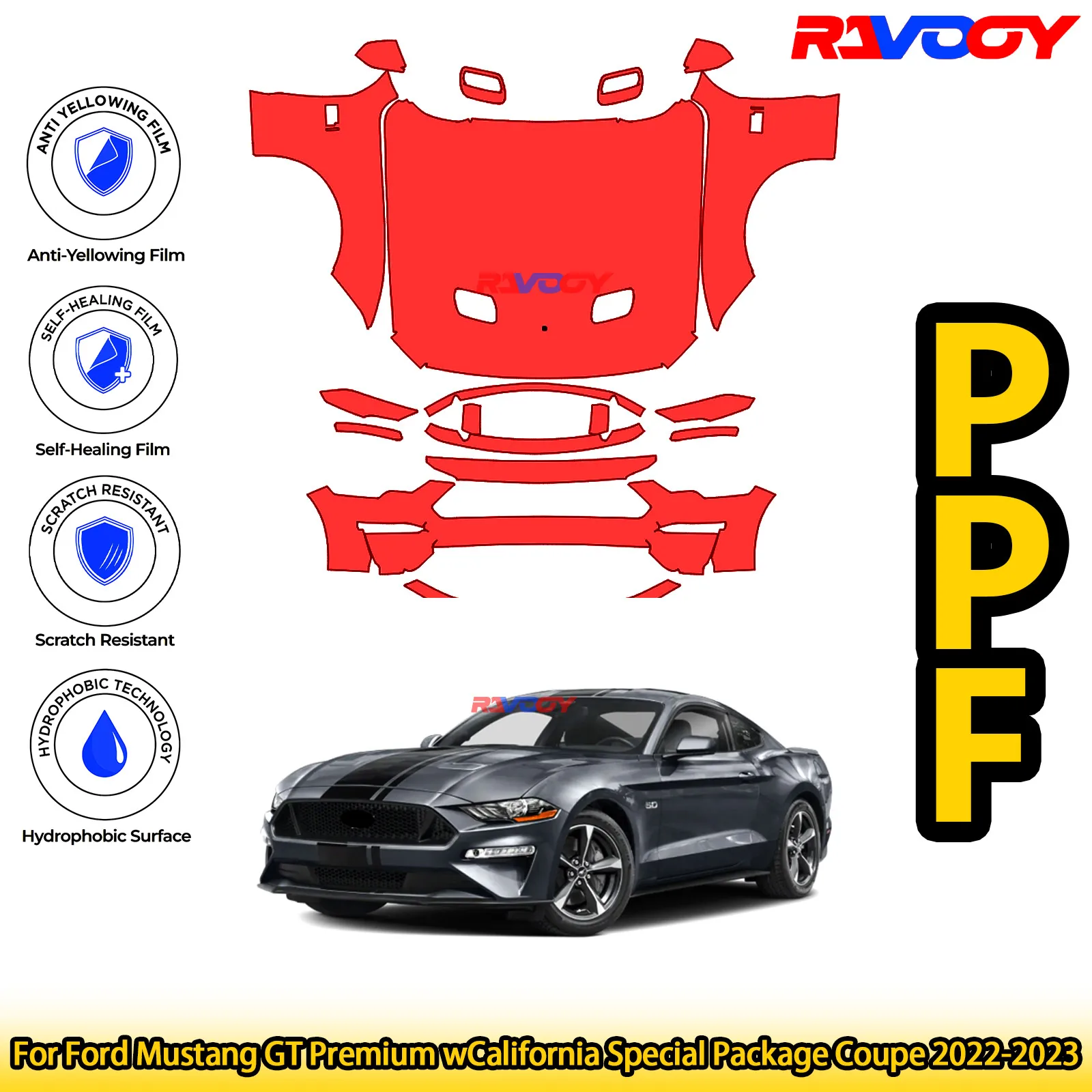 

For Ford Mustang GT Premium wCalifornia Coupe 2022-2023 Glossy Matte Black Precut front PPF Kit Paint Protection Film