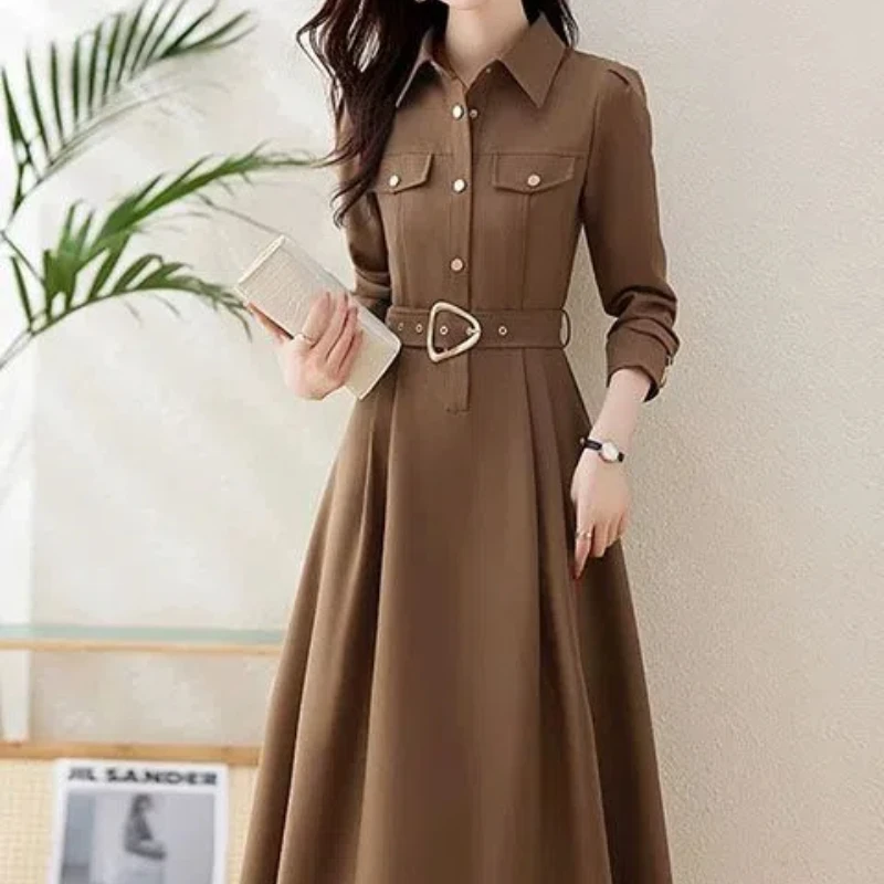 High-end Autumn Long-sleeved Shirt Dress for Women New Style Waist Slimming POLO Collar Over-the-knee Long Sleeves Dresses