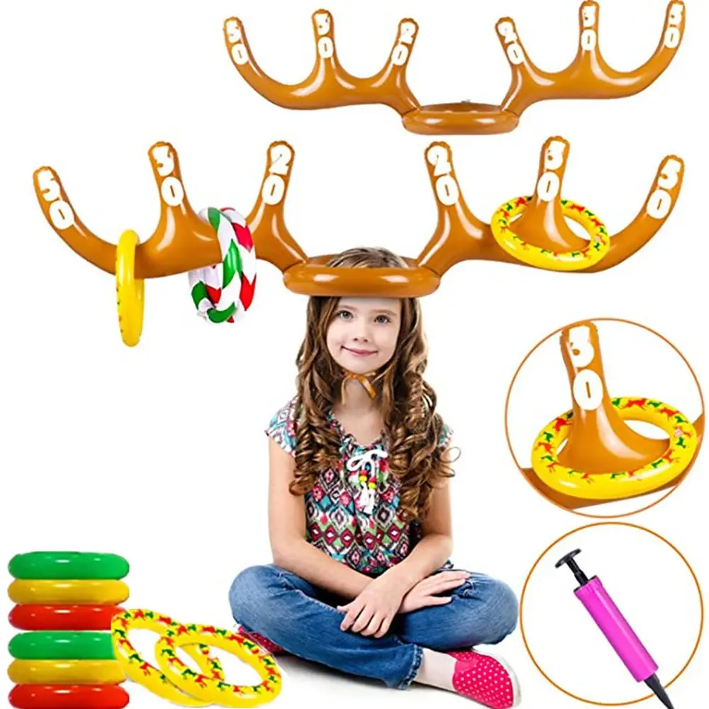 DIY Xmas Kids Gift Christmas Game Home Ornament Ring Toss Inflatable Toys Santa Funny Reindeer Antler Hat