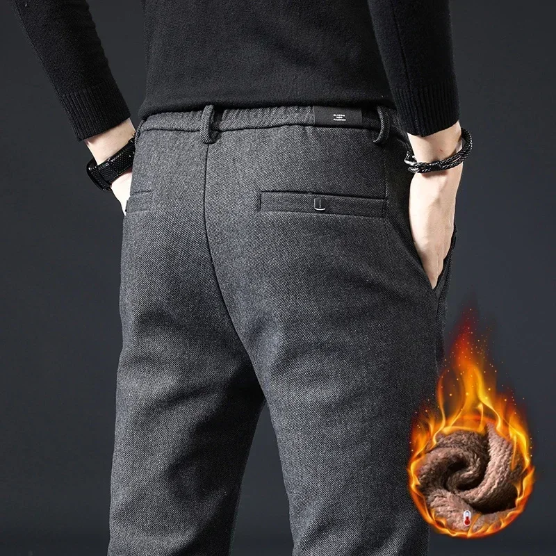 

Winter Fleece Warm Casual Pants Men Brushed Fabric Business Work Fashion Slim Thick Flocking Velvet Cotton Black Trousers Male