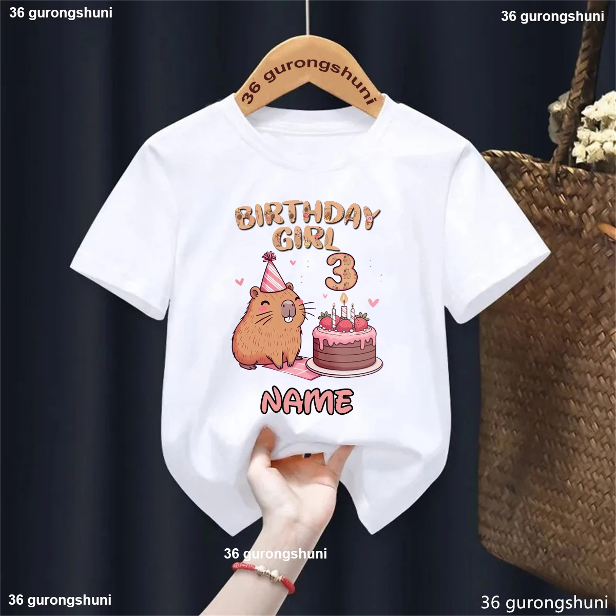 Kawaii Capybara Birthday Gift Kids Clothes Custom Name Happy Birthday 2nd/3rd Graphic Printed Tshirt Girls/Boys Solid T-Shirt